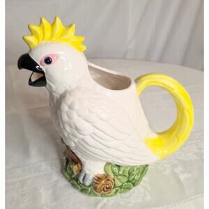 Vintage Ceramic Cockatoo/Bird Pitcher 9" Tall 10% Long White Yellow Green